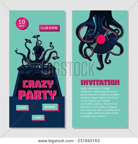 Octopus Dj With Turntable. Dance Party Invitation For Nightclub With Vinyl Record. Hip-hop Music Bat