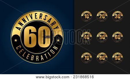 Set Of Anniversary Logotype. Golden Anniversary Celebration Emblem Design For Booklet, Leaflet, Maga