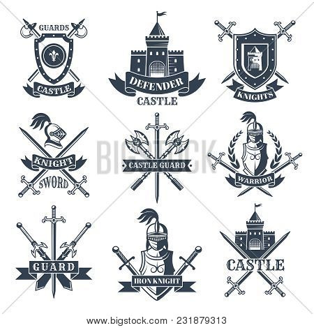 Labels Or Badges Set With Pictures Of Medieval Knights, Helmets And Swords. Medieval Emblem And Shie