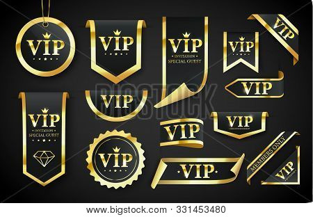 Vip Label, Badge Or Tag. Vector Black Banner With Gold Vip Text. Vector Illustration