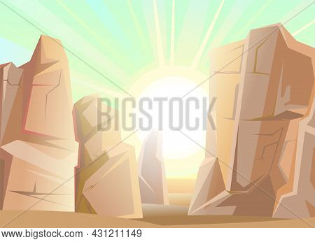 Stone Rocky Landscape. Deserted Place. Rocky Cliffs. Lights Of A Sun. Peaks Of The Mountains. Illust