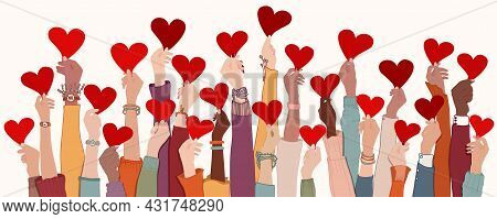 Group Of Raised Arms And Hands. Diverse People Holding A Heart. Charitable Donation And Volunteer Wo