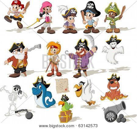 Group of cartoon pirates with funny animals.