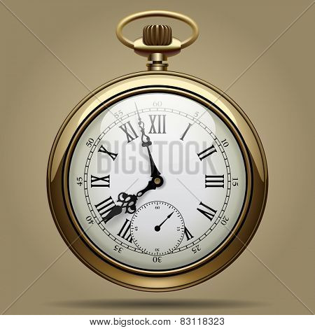 Realistic image of old vintage clock face. Retro pocket watch. Vector Illustration