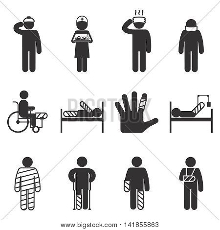 Injury icons. Trauma and sickness, broken and bruised icon set. Vector illustration