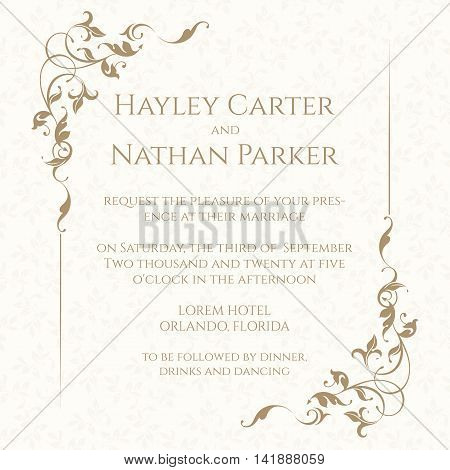 Invitation card with floral frame on seamless background. Classic design page. Wedding invitation Save The Date valentines day birthday cards. Vector template cards.