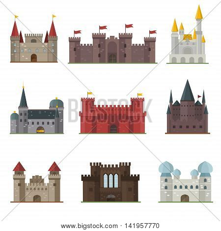 Cartoon fairy tale castle tower icon. Cute cartoon castle architecture. Vector illustration fantasy house fairytale medieval castle. Kingstone cartoon castle cartoon stronghold design fable isolated.