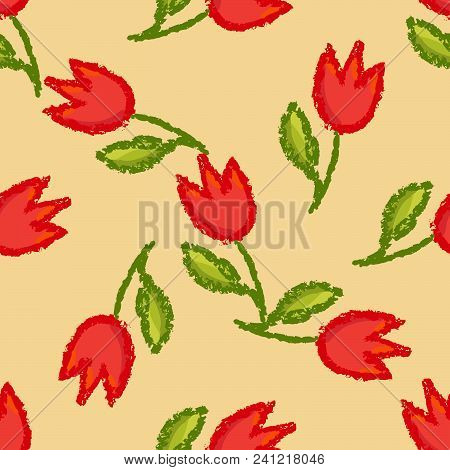 Vector Floral Hand Drawn Seamless Pattern. Tulip Red Flowers And Gren Leaves Over Vintage Brown Back