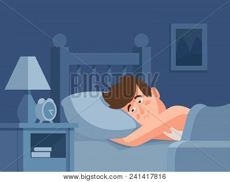 Exhausted Adult Man With Nightmare Insomnia Lying In Bed On Mattress At Dark Night Background With B