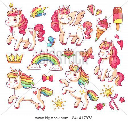 Cute Fairytale Pink Flying Rainbow Pegasus Sticker Baby Unicorn With Gold Stars And Sweet Ice Creams