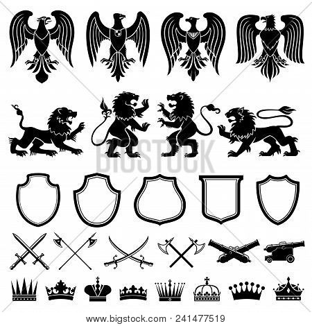 Heraldic Symbols Vector Set. Heraldic Elements Lions, Eagles, Shield, Weapon, Crown. Black And White