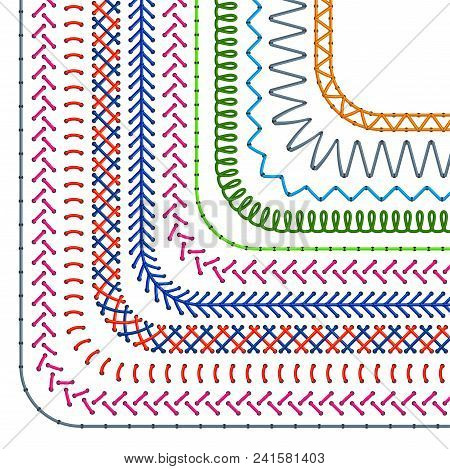 Stitched Pattern Brushes. Seamless Seam Borders And Sewing Dividers Vector Set. Illustration Of Stit