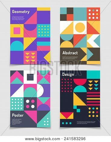 Retro Swiss Graphic Posters With Geometric Bauhaus Shapes. Vector Abstract Backgrounds In Old Modern