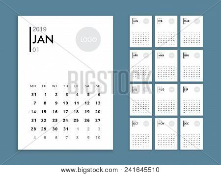 Wall Calendar 2019 Template For 2019 Year. Planner Vector Diary In A Minimalist Style. Corporate And