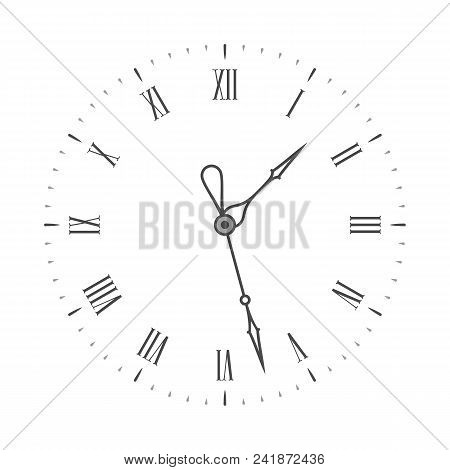 Elegant Clock Face. Black Wall Clock With Roman Numeral. Vintage Clockface Isolated On White Backgro