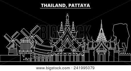 Pattaya Silhouette Skyline. Thailand - Pattaya Vector City, Thai Linear Architecture, Buildings. Pat