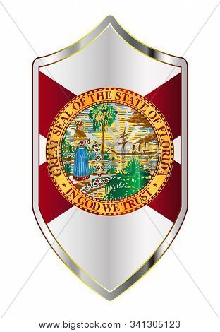 A Typical Crusader Type Shield With The State Flag Of Florida All Isolated On A White Background