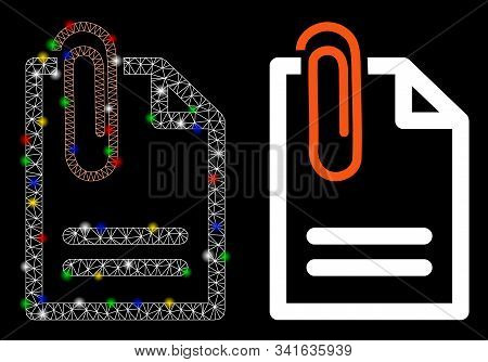 Glossy Mesh Attach Document Icon With Glow Effect. Abstract Illuminated Model Of Attach Document. Sh