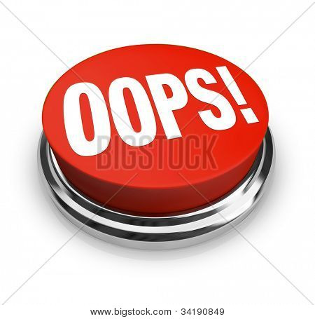 A big red button with the word Oops to press and get customer support or service or to fix or correct an error, mistake, problem or gaffe you have made