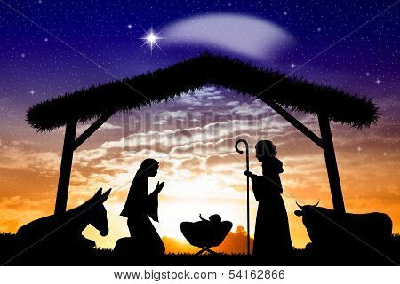 Nativity Scene At Sunset