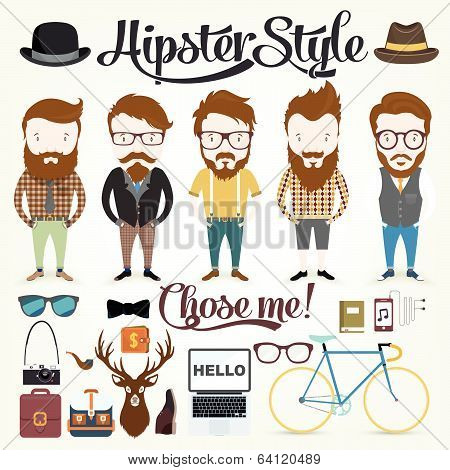 Hipster character illustration in info graphic concept background with hipster elements and icons