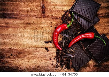 Chopped Chocolate Bar With Red Chilli Pepper On Wooden Background Closeup. Chunks Of Broken Dark Cho