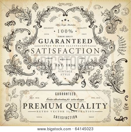 Vector set of calligraphic design elements: page decoration, Premium Quality and Satisfaction Guarantee Label, antique and baroque frames and floral ornaments | Old paper texture.