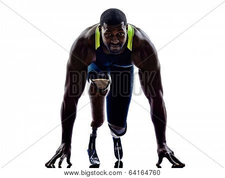 one muscular ped man runners sprinters  with legs prosthesis in silhouettes on white background