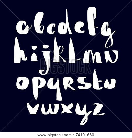 Calligraphic script font, handwritten alphabet letters isolated on dark background.