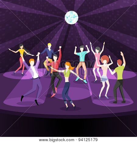 People dancing in nightclub. Dance floor flat style design