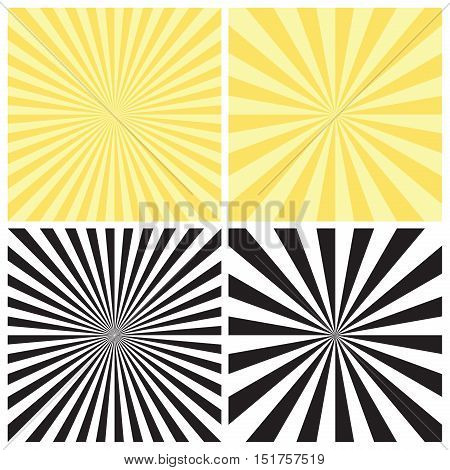 Set of abstract radial sunburst backgrounds. Retro style circular light rays scattered behind. Starburst pattern with radially placed beams. Vector eps8 illustration in black and yellow colors.