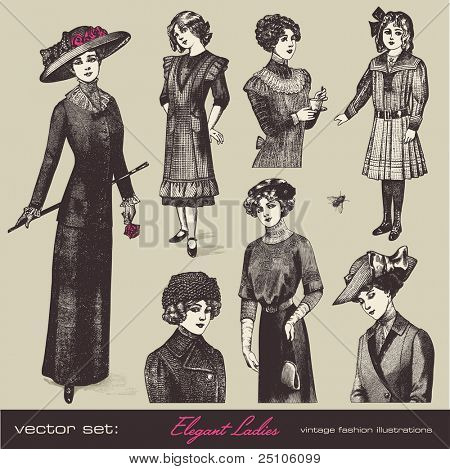 conjunto de vectores: elegante vintage ladies (y chicas) - variedad de ilustraciones de moda retro y retrato