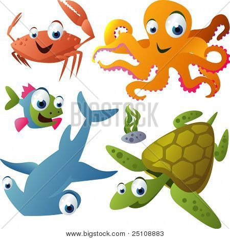 vector animal set 21: crab, octopus, fish, shark, turtle