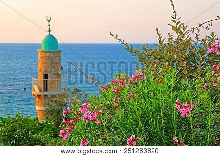 Al-bahr Mosque Or Sea Mosque In Old City Of Jaffa, Tel-aviv, Israel In The Evening. It Is The Oldest