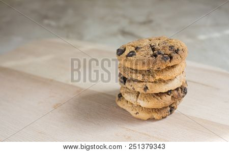 Chocolate Cookies On Wooden Table. Chocolate Chip Cookies Shot. Stacks Of Chocolate Cookies, Cookies