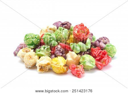 Multiflavored Candy Popcorn On A White Background