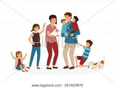 Big Family With Many Children. Stressed And Tired Parents Or Exhausted Mom And Dad And Nasty Kids Is