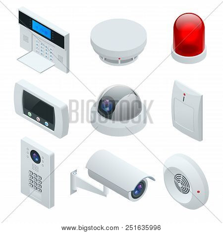 Isometric Alarm System Home. Home Security. Security Alarm Keypad With Person Arming The System. Acc