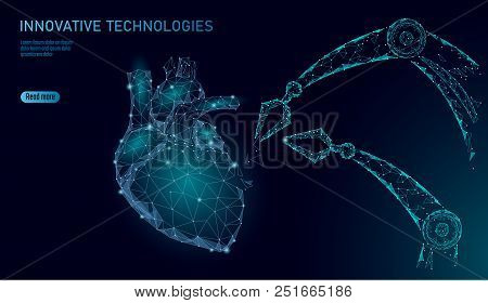 Robotic Heart Surgery Low Poly. Polygonal Cardiology Surgery Procedure. Robot Arm Manipulator. Moder