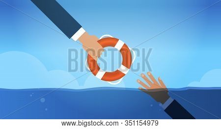 Drowning Businessmn Hand In Water Getting Lifebuoy From Another Businessperson Helping Business To S