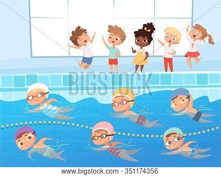 Swimming Competition. Kids Water Sport Swimming Race In Pool Vector Cartoon Background. Illustration