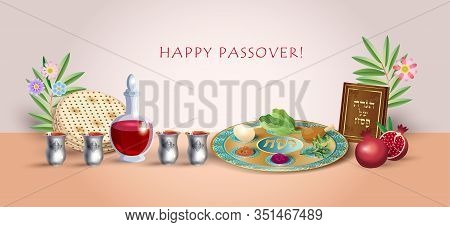 Happy Passover banner greeting card with decorative traditional icons kiddush cup, four wine glass, matzo matzah - jewish traditional bread for Passover seder, pesach plate, candles, Haggadah, vector