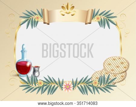 Vintage floral frame for Jewish Holiday Passover greeting card decoration and place for text with decorative traditional icons kiddush cup, four wine glass, matzo matzah - jewish traditional bread for Passover seder, pesach plate, candles, Haggadah, paper