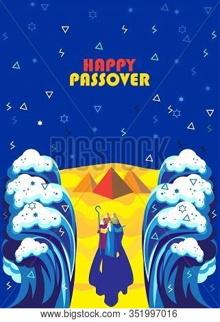 Passover Exodus from Egypt Happy Passover Festival Pesach Jewish Holiday poster. Moses parting the Red Sea, Israelites going on dry ground, waves sky manna matza Egyptian pyramids Sinai desert haggadah