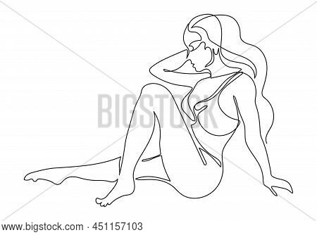 Beautiful Curvy Female Body One Line Art Illustration. Minimalistic Linear Female Figure. Abstract S