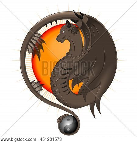 Dragon Vector Design With Wings And Yinyang Symbol, And The Sun In The Background