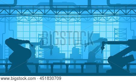 Industrial Factory Conveyor With Automated Robot Arms, Industry Manufacture Vector Background. Conve