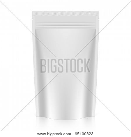 White blank stand up pouch foil packaging with zipper. Vector.