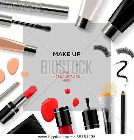 Makeup template with collection of make up cosmetics