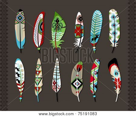 Feathers painted with colorful ethnic pattern